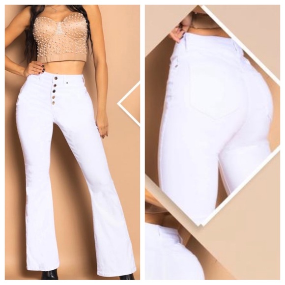 22 NEW JUST IN!!White Flare 5 Buttons Flare Bell jeans - Picture 2 of 2